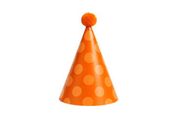 orange party hat with white polka dots on transparent background