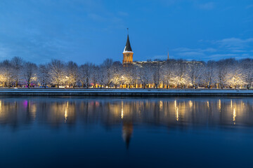 Winter reflection of Kaliningrad Cathedral spire in the river