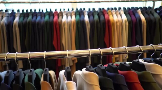 Rack of colorful coats and jackets hanging in a clothing store, ready for sale.