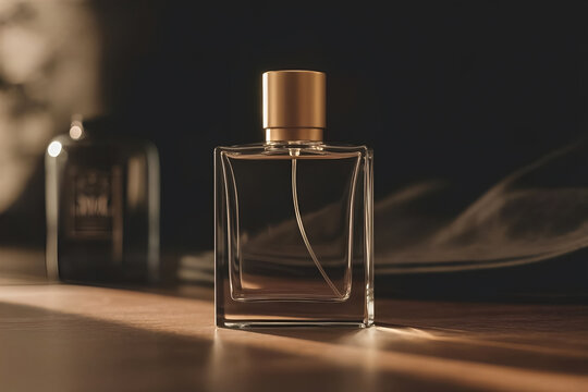 Elegant Glass Man Perfume Bottle with Golden Cap on a Dark Background
