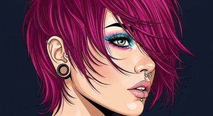 Vibrant Punk Portrait: A bold and stylized illustration of a young person showcases their unique punk style, defined by vibrant pink hair and edgy piercings.