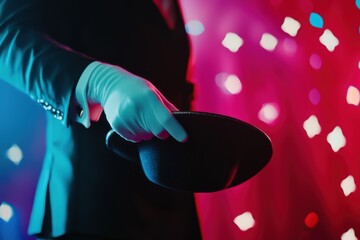 Magician wearing white gloves holding black hat, colorful bokeh lights highlighting mysterious performance with dramatic lighting effect