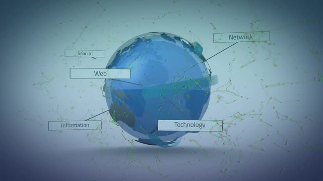 Animation of multiple texts and abstract pattern around globe with dots forming geometric shapes