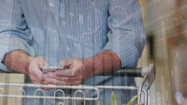 Animation of financial dat processing over caucasian senior man shopping