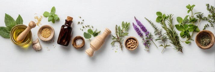 Flat lay of dried herbs, roots, and essential oil bottles on white background, ideal for alternative medicine and wellness concepts.