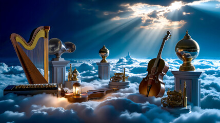 A group of musical instruments sitting on top of a cloud