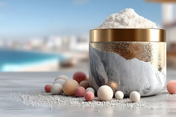 Luxurious Spa Setting with Exquisite Marble Jar of Bath Salts and Colorful Spheres