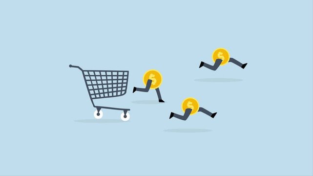 Over spending, 4k animation of Dollar coins flee from an aggressively chasing creditor shopping cart or trolley