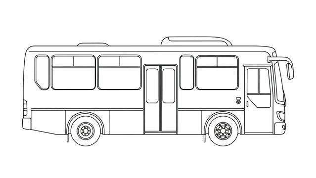 a line drawing of a bus with a door and windows