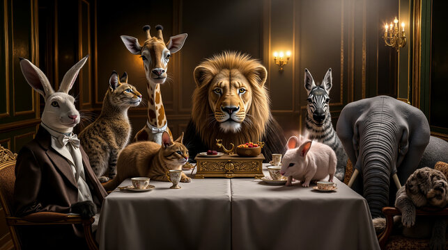 A group of animals sitting around a table with a lion giraffe zebra zebu rabbit cat mouse and other animals