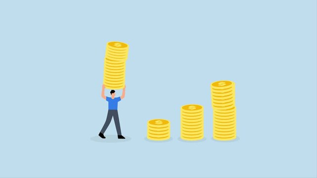 Compound interest effect, 4k animation of Businessman investor holding a large stack of dollar coins to use as a growth compound graph