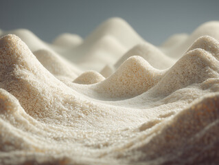 Soft desert dunes sculpted from white rice grains, blending minimal food textures with a serene, surreal landscape under open skies.