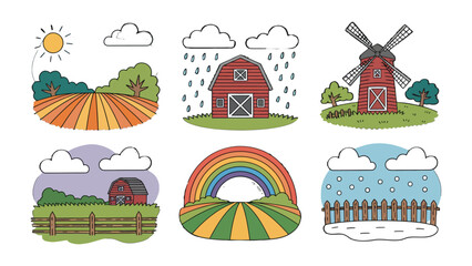 Fototapeta premium Farm Scenes: A collection of simple and vibrant illustrations depict various farm scenes, showcasing the beauty and diversity of rural life and weather conditions.