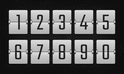 Mechanical scoreboard. White flip board with black numbers for alarm timers, airports, sports events, date displays, and countdowns. Clock counter panel. Vector illustration.