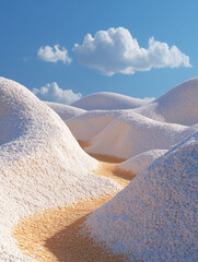 Soft desert dunes sculpted from white rice grains, blending minimal food textures with a serene, surreal landscape under open skies.