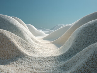 Soft desert dunes sculpted from white rice grains, blending minimal food textures with a serene, surreal landscape under open skies.