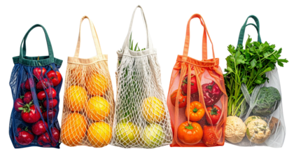 Reusable mesh cloth produce bags for fruits and vegetables, lightweight fabric texture, zero waste grocery concept, isolated on transparent background.
