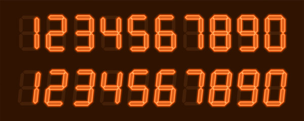 Digital glowing numbers. Orange LCD figures for a electronic devices, clocks, calculators, and scoreboard interfaces. Vector illustration.