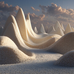 Soft desert dunes sculpted from white rice grains, blending minimal food textures with a serene, surreal landscape under open skies.