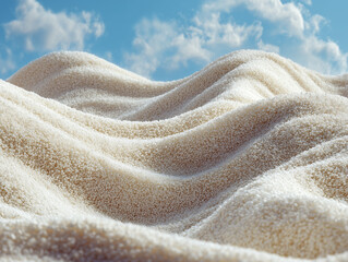 Soft desert dunes sculpted from white rice grains, blending minimal food textures with a serene, surreal landscape under open skies.