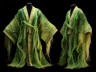 A flowing kimono robe woven from green kelp, blending organic marine textures with fashion design in a surreal, elegant and nature-inspired composition.