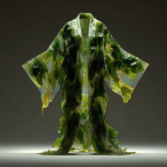 A flowing kimono robe woven from green kelp, blending organic marine textures with fashion design in a surreal, elegant and nature-inspired composition.