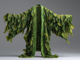A flowing kimono robe woven from green kelp, blending organic marine textures with fashion design in a surreal, elegant and nature-inspired composition.
