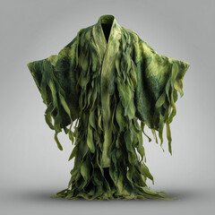 A flowing kimono robe woven from green kelp, blending organic marine textures with fashion design in a surreal, elegant and nature-inspired composition.