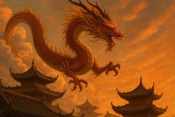 Fototapeta premium Majestic dragon over ancient rooftops.