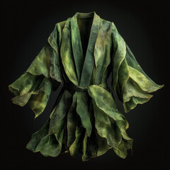 A flowing kimono robe woven from green kelp, blending organic marine textures with fashion design in a surreal, elegant and nature-inspired composition.