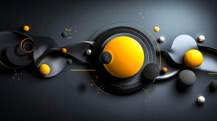 A black and yellow abstract background with circles and spheres