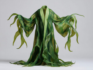 A flowing kimono robe woven from green kelp, blending organic marine textures with fashion design in a surreal, elegant and nature-inspired composition.