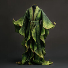 A flowing kimono robe woven from green kelp, blending organic marine textures with fashion design in a surreal, elegant and nature-inspired composition.
