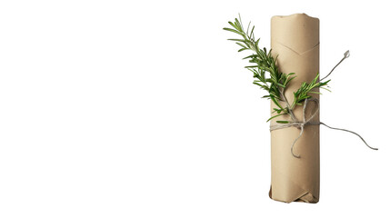 Rolled Paper Scroll Tied With String and Rosemary on Black Background