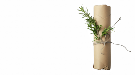 Rolled Paper Scroll Tied With String and Rosemary on Black Background