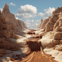 Flowing river of melted chocolate through a canyon