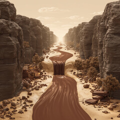 Flowing river of melted chocolate through a canyon