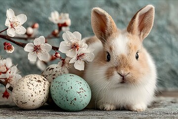 Adorable Bunny with Easter Eggs and Cherry Blossoms for Spring Celebration Design