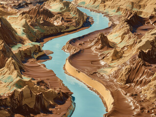 Flowing river of melted chocolate through a canyon