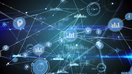 Animation of network of digital icons and data processing over blue light trails on green background - Powered by Adobe