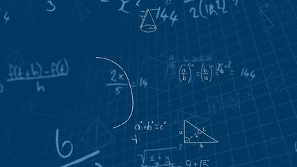 Animation of mathematical equations and diagrams floating over grid network against blue background - Powered by Adobe