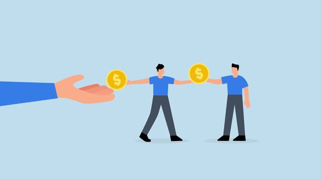 Living paycheck to paycheck, 4k animation of businessman picks up dollar coin and uses it to settle his creditor debt