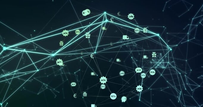 Animation of media icons over network of connections