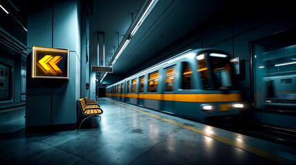 A subway train pulling into a subway station at night