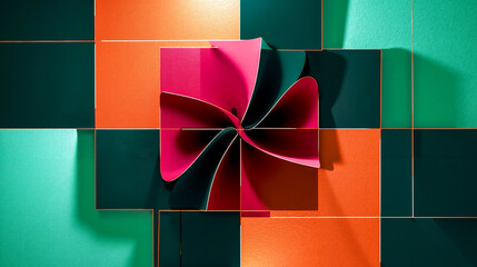 A pink and orange flower on a green and orange wall