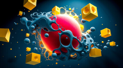 A red sphere surrounded by yellow cubes and bubbles