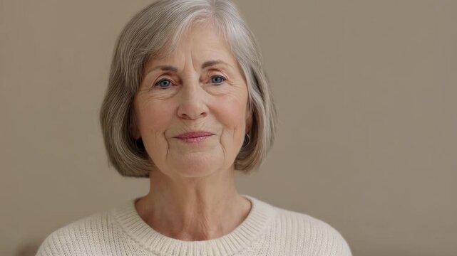 Senior woman facing camera with neutral expression on clean beige background