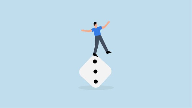 Investment risk, 4k animation of rapacious investor dared to attempt to support himself while spinning unsteady dice