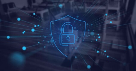 Animation of blue glowing spots and security padlock icon against empty office - Powered by Adobe