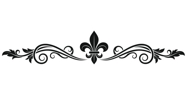 Elegant black fleur de lis decorative border design with swirling leaves and floral motifs on white background